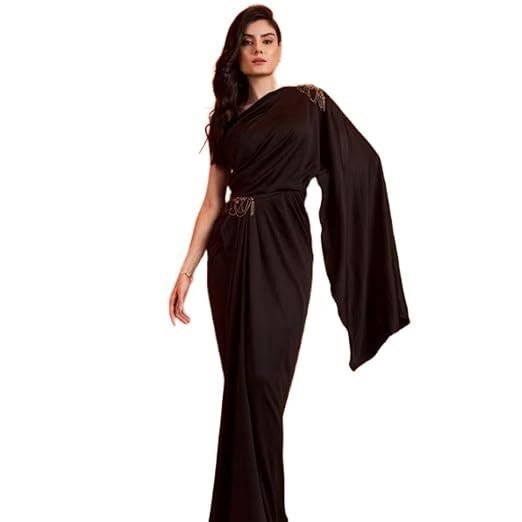 Women's harliv one shoulder black saree gown women - party, cocktail, wedding dress (black)