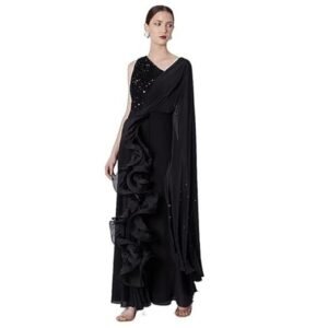 Women's one-shoulder gown saree, black crepe and net, ruffled draped style, wedding