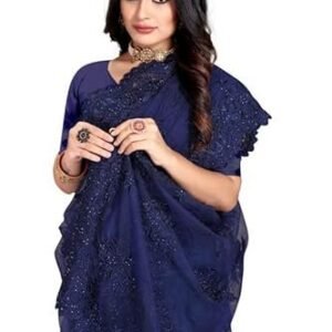 Women's manu fashion era navy blue zari moti stone embroidered border net wedding saree sari for women and girls with matching blouse piece
