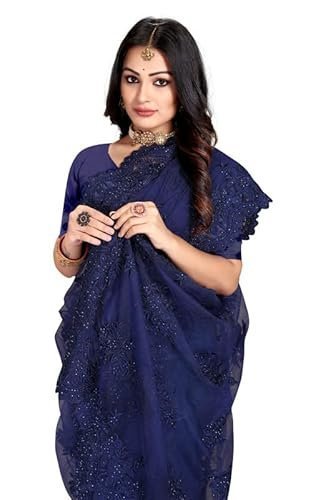 Women's manu fashion era navy blue zari moti stone embroidered border net wedding saree sari for women and girls with matching blouse piece