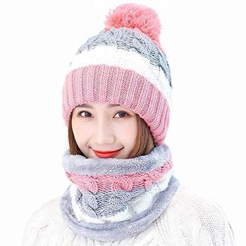 Twist Color Winter Very Soft Warm 1 Set Snow Proof Knitted Ball Cap (Inside Fur) Woolen Beanie Cap + Neck Muffler Scarf Set for Ladies Women Girl (Pink)