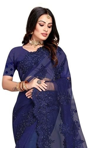 Women's manu fashion era navy blue zari moti stone embroidered border net wedding saree sari for women and girls with matching blouse piece - Image 4