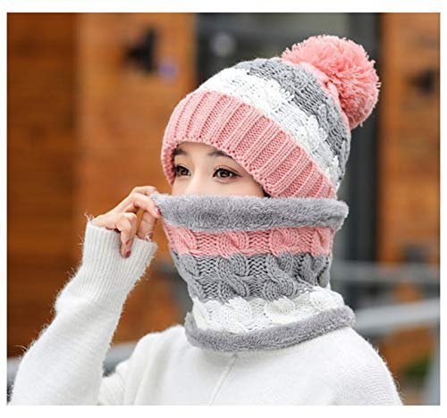 Twist Color Winter Very Soft Warm 1 Set Snow Proof Knitted Ball Cap (Inside Fur) Woolen Beanie Cap + Neck Muffler Scarf Set for Ladies Women Girl (Pink) - Image 2