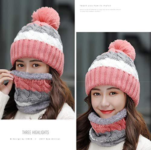 Twist Color Winter Very Soft Warm 1 Set Snow Proof Knitted Ball Cap (Inside Fur) Woolen Beanie Cap + Neck Muffler Scarf Set for Ladies Women Girl (Pink) - Image 4