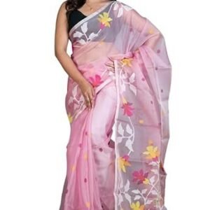 Women's bengal looms india muslin silk dhakai jamdani saree in lemonade pink & off white in multicolored minakari thread work for women hand woven floral nakashi work rich texture smooth finish indian sari
