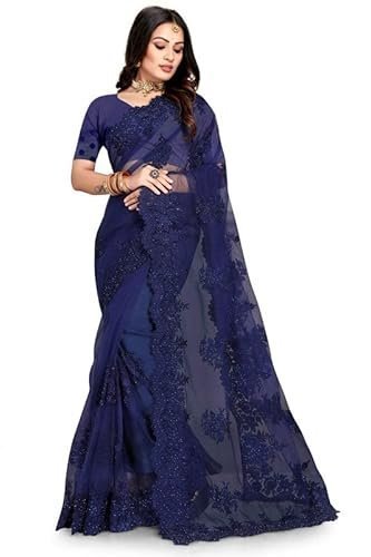 Women's manu fashion era navy blue zari moti stone embroidered border net wedding saree sari for women and girls with matching blouse piece - Image 2