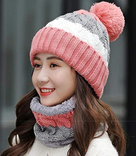 Twist Color Winter Very Soft Warm 1 Set Snow Proof Knitted Ball Cap (Inside Fur) Woolen Beanie Cap + Neck Muffler Scarf Set for Ladies Women Girl (Pink) - Image 3
