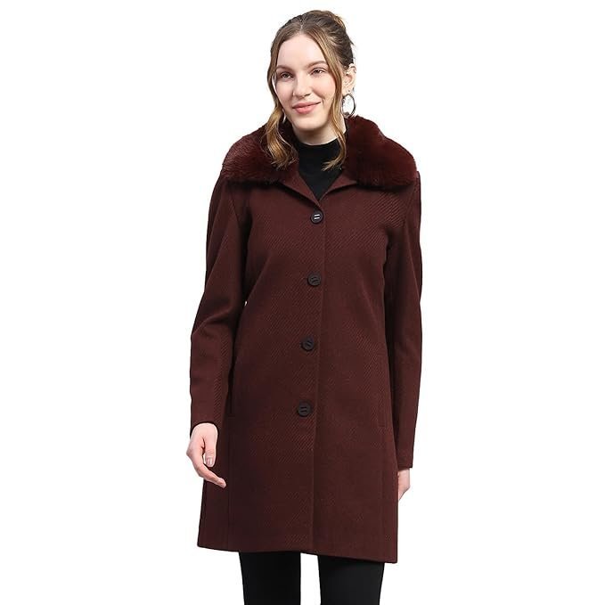 Women's carlo womens wool blend hip length self design wine notched lapel full sleeve coat