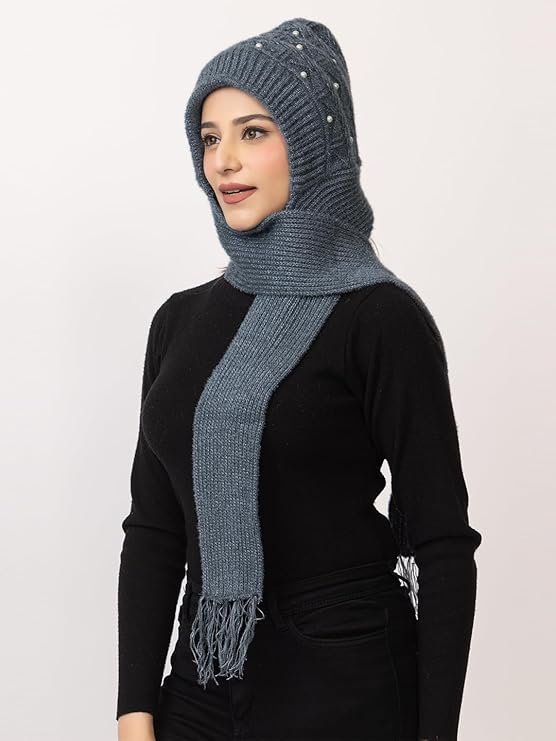 Women's Winter Woolen Soft Warm Knitted Pearls Muffler Beanie Cap With Fur | Fleece Pearl Hat With Attached Scarf For Cold Weather - Image 4