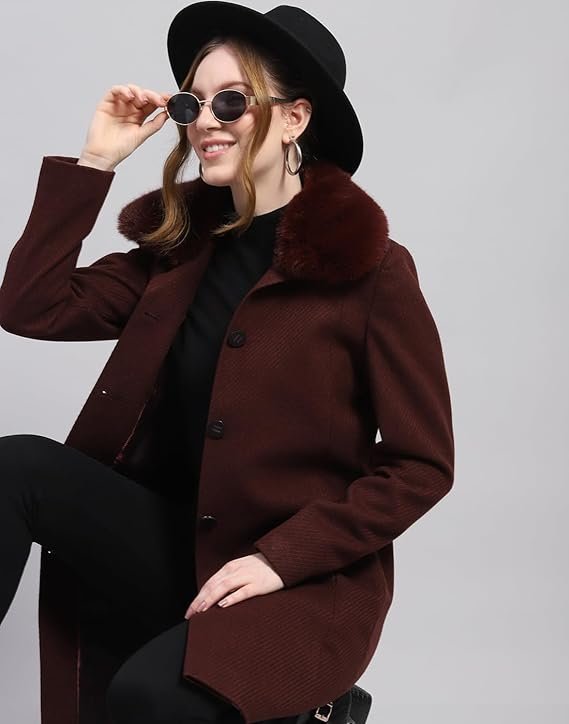 Women's carlo womens wool blend hip length self design wine notched lapel full sleeve coat - Image 2