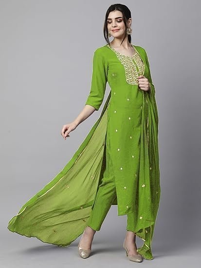 Cotton Blend Embroidered Straight Kurta with Pant & Dupatta - Image 2