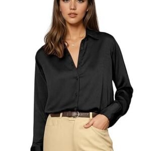 Women's women satin regular fit solid button up drop shoulder officewear casual formal long sleeve shirt