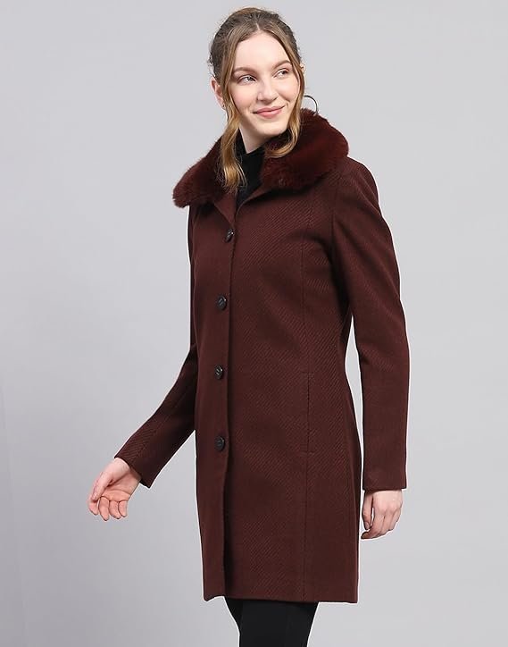 Women's carlo womens wool blend hip length self design wine notched lapel full sleeve coat - Image 6