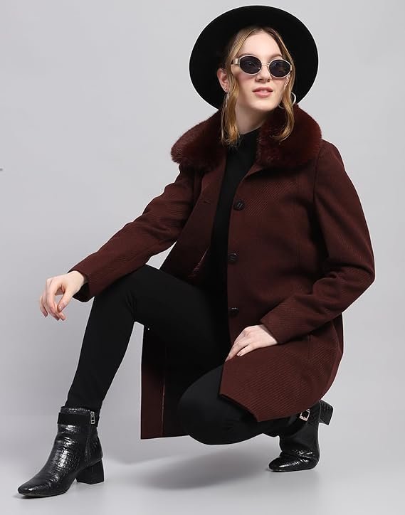 Women's carlo womens wool blend hip length self design wine notched lapel full sleeve coat - Image 3