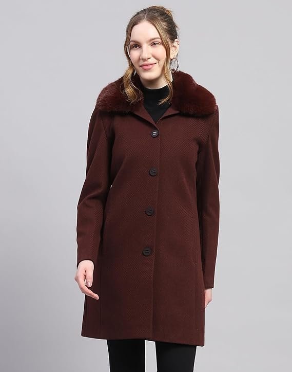 Women's carlo womens wool blend hip length self design wine notched lapel full sleeve coat - Image 7