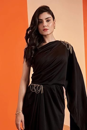 Women's harliv one shoulder black saree gown women - party, cocktail, wedding dress (black) - Image 4