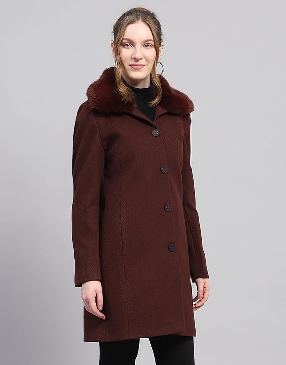 Women's carlo womens wool blend hip length self design wine notched lapel full sleeve coat - Image 5