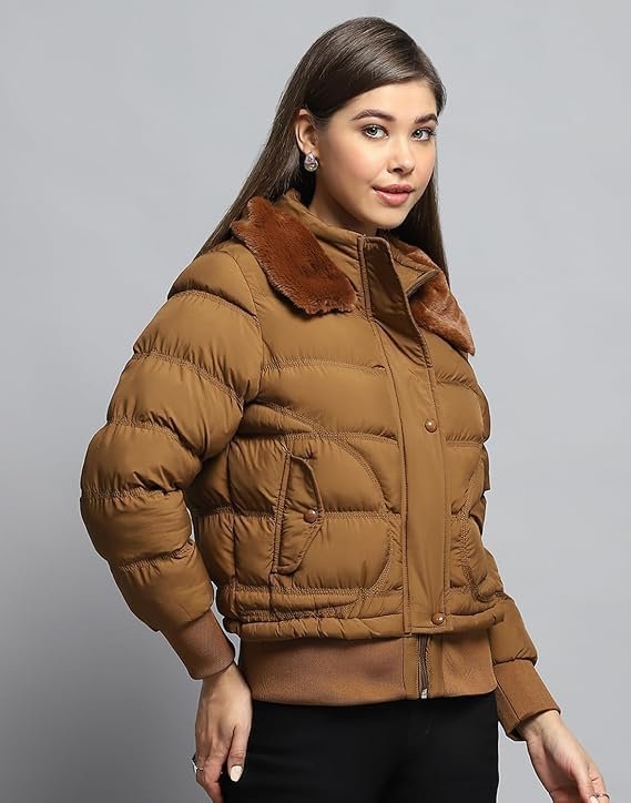 Women's carlo womens self design tan collar neck full sleeve jacket - Image 4