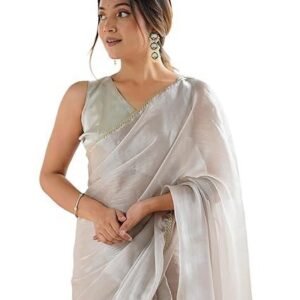 Shimmer Chiffon Lace Border Saree With Unstitched Blouse Piece