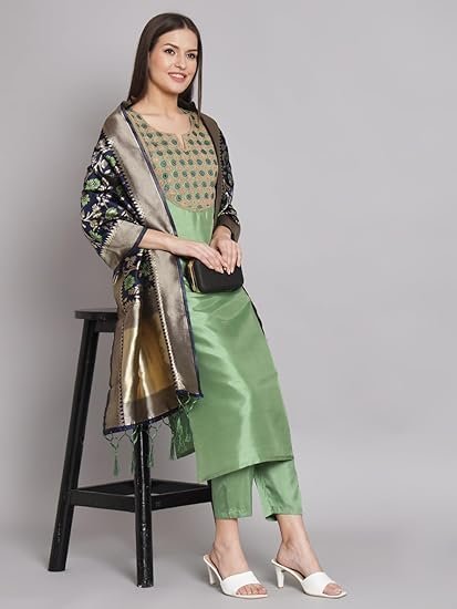 Women's vredevogel women's cotton silk blend kurta pant set with banarasi silk dupatta