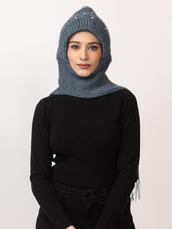 Women's Winter Woolen Soft Warm Knitted Pearls Muffler Beanie Cap With Fur | Fleece Pearl Hat With Attached Scarf For Cold Weather - Image 3