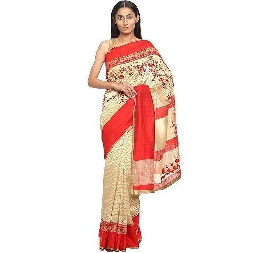 Women's satya paul white banarasi silk embroidered women saree with blouse piece