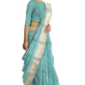 Women's herclozet chanderi handwoven katan silk saree zari border-6.3 mtr(sea green)
