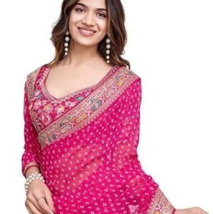 Women's ekasya women georgette pink geometric pattern printed embroidery saree with unstitched blouse (e6253_1) - elegant and intricate embroidery