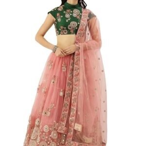 Women's divine international trading co women's net embroidered semi-stitched lehenga choli with dupatta (peach-wedding-girlish-latest-lehenga; free size;7315)
