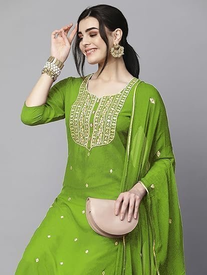 Cotton Blend Embroidered Straight Kurta with Pant & Dupatta