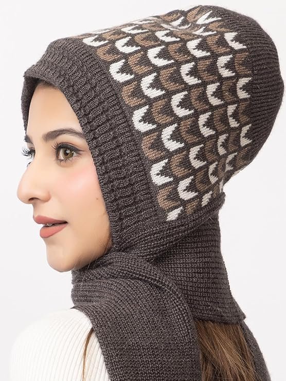 Women's Winter Woolen Warm Soft Knitted Designer Muffler Beanie Cap with Fleece | Fur Printed Woolen Hat with Attached Scarf for Cold Weather - Image 2