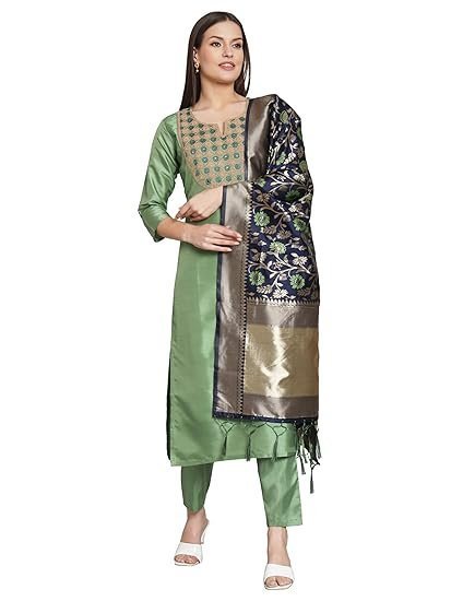Women's vredevogel women's cotton silk blend kurta pant set with banarasi silk dupatta - Image 6