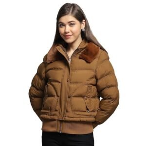 Women's carlo womens self design tan collar neck full sleeve jacket