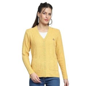 Women's carlo womens self design yellow v neck full sleeve cardigan_1243555vn-2454
