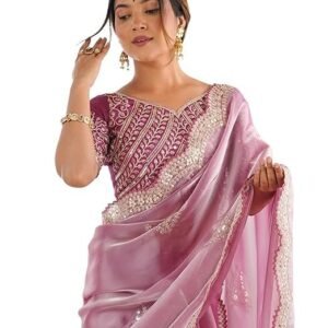 women's organza sequence embroidery scollped border saree with unstitched blouse piece