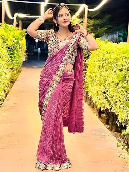 Georgette Sequence Embroidery Mirror Work Saree with Unstitched Blouse Piece - Image 4