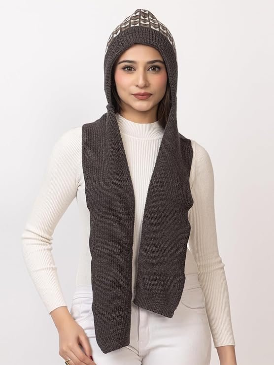 Women's Winter Woolen Warm Soft Knitted Designer Muffler Beanie Cap with Fleece | Fur Printed Woolen Hat with Attached Scarf for Cold Weather - Image 5