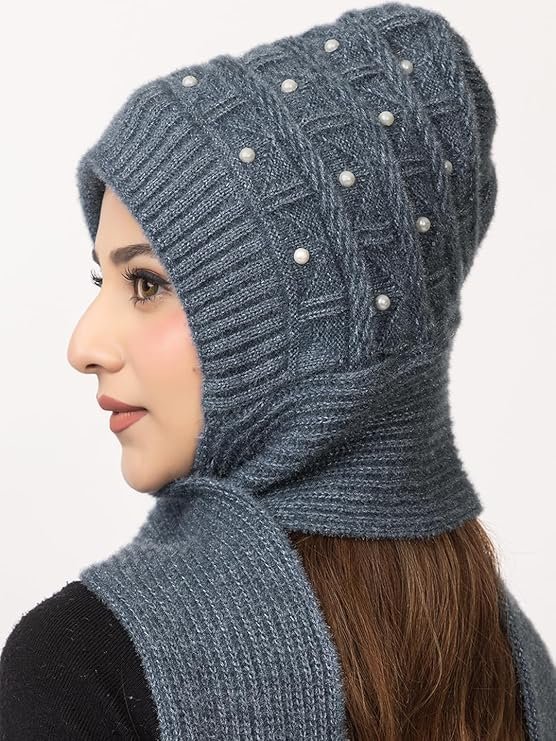 Women's Winter Woolen Soft Warm Knitted Pearls Muffler Beanie Cap With Fur | Fleece Pearl Hat With Attached Scarf For Cold Weather - Image 2