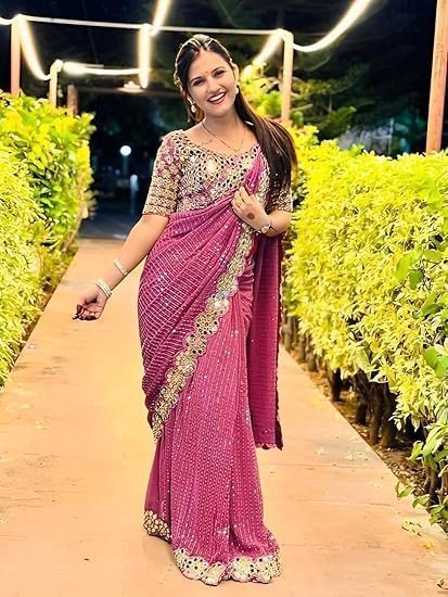 Georgette Sequence Embroidery Mirror Work Saree with Unstitched Blouse Piece - Image 3