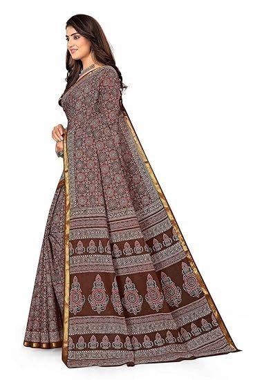 Printed cotton saree with unstitched blouse piece | Ajrakh Printed Saree | Pure Cotton Mul Mul Printed Saree | Zari Border with Blouse Piece | 100% Cotton Saree (Brown) - Image 3