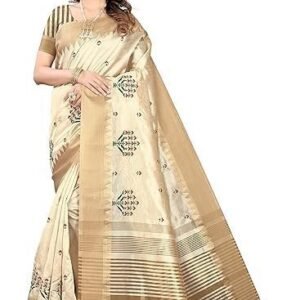 Women's Assam Cotton Silk With Golden Border Thread Embroidery Saree With Blouse Piece