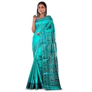 women's bishnupuri katan silk meenakari baluchari swarnachari bengal saree sea green