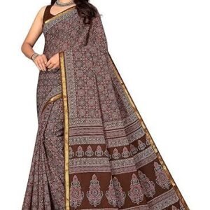 Printed cotton saree with unstitched blouse piece | Ajrakh Printed Saree | Pure Cotton Mul Mul Printed Saree | Zari Border with Blouse Piece | 100% Cotton Saree (Brown)