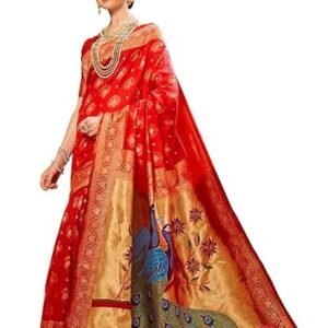 women's paithani silk blend woven saree with blouse piece