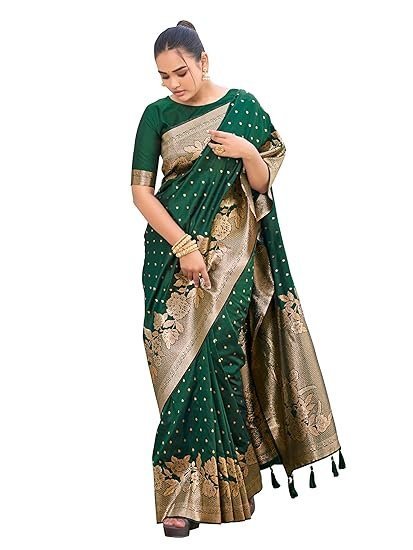 Women's manohari women's trendy banarasi woven saree with heavy jacquard work, elegant design, silk saree with maching lace border unstitched blouse piece for weddings & festive occasions