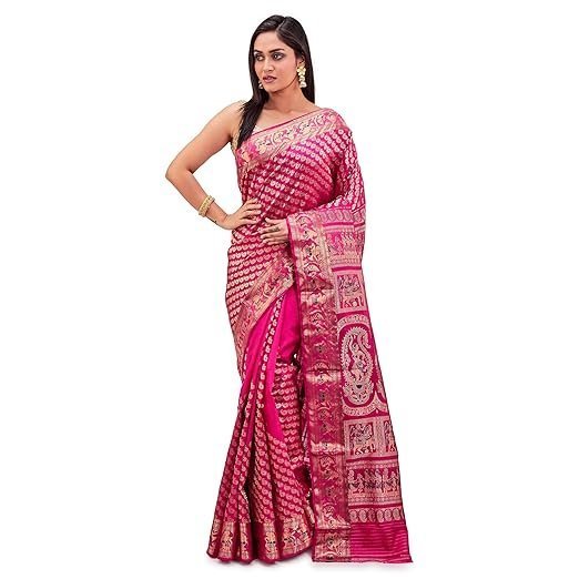 women's bishnupuri katan silk meenakari baluchari swarnachari bengal saree coral pink