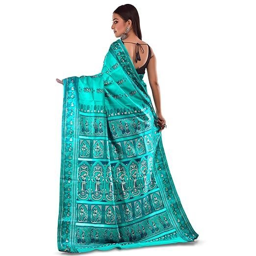women's bishnupuri katan silk meenakari baluchari swarnachari bengal saree sea green - Image 3