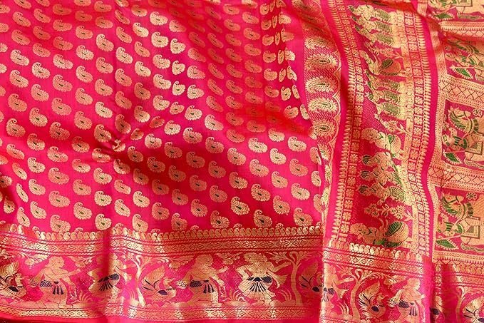 women's bishnupuri katan silk meenakari baluchari swarnachari bengal saree coral pink - Image 4