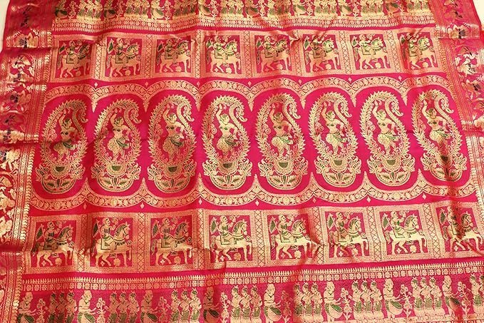 women's bishnupuri katan silk meenakari baluchari swarnachari bengal saree coral pink - Image 3