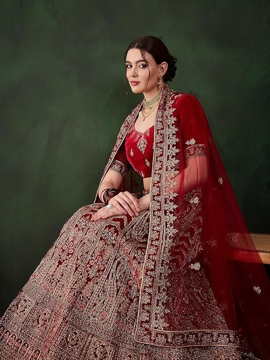 women's maroon semi-stiched heavy zari embroidery velvet lehenga choli (mrssktvvh7734) - Image 2